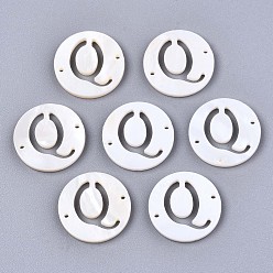 Letter Q Natural Freshwater Shell Links Connectors, Flat Round with Letter, Letter.Q, 14.5x1.5mm, Hole: 0.9mm