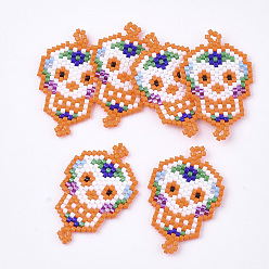 Dark Orange Handmade Japanese Seed Beads Links, with Nylon Wire, Loom Pattern, Sugar Skull, For Mexico Holiday Day of the Dead, Dark Orange, 33x22x1.8mm, Hole: 1~1.6mm