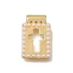 Golden Brass with ABS Imitation Pearl Pendants, Rectangle with Cross Charms, Rack Plating, Long-Lasting Plated, Cadmium Free & Lead Free, Cut-Out, White, Golden, 19x12x4mm, Hole: 1.4mm