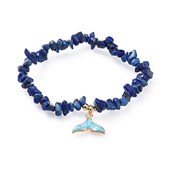 Lapis Lazuli Chip Natural Lapis Lazuli(Dyed) Stretch Charm Bracelets, with Zinc Alloy Enamel Pendants and Brass Beads, Whale Tail Shape, 2-1/4 inch(5.6cm)
