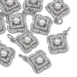 Platinum SHEGRACE Brass Pave Clear Cubic Zirconia Pendants, with ABS Imitation Pearl, Clover Charms, Cadmium Free & Nickel Free & Lead Free, Long-Lasting Plated, Platinum, 16x14x6mm, Hole: 3.5mm