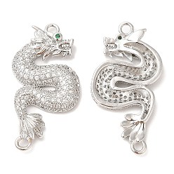 Platinum Brass Micro Pave Clear Cubic Zirconia Connector Charms, Lead Free & Cadmium Free, Dragon, Platinum, 33x17x3.5mm, Hole: 2mm and 1.8mm