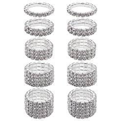 Серебро 10 шт. 5 стили регулируемые кольца для пальцев из сплава со стразами для женщин, эластичные кольца, серебряные, 3~15 мм, внутренний диаметр: 17~18.5 мм, 2 шт / стиль