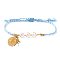 Небесно-голубой 304 из нержавеющей стали шарм браслеты, Браслеты из искусственного жемчуга и бисера, плетеные, для женщин., крест и плоский круглый со святым Бенедиктом, голубой, 11.02 дюйм (28 см)