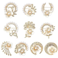 Light Gold 10шт. 10 стили, значки для лацканов из сплава с цветочными стразами, с имитацией жемчуга и смолы., золотой свет, 39~54.5x37~52.5 мм, 1 шт / стиль
