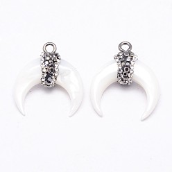 Platinum Natural White Shell Mother of Pearl Shell Pendants, with Rhinestone and Brass Finding, Double Horn/Crescent Moon, Platinum, 24~28mm, Hole: 2mm