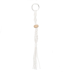 Белый Вощеный хлопковый шнур, плетеный мешочек для макраме, пустой держатель для камней для изготовления подвесных брелоков, с деревянными бусинами и 304 разъемными брелоками из нержавеющей стали, белые, 20.3 см