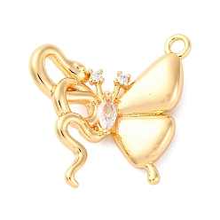 Настоящее золото 18K Подвески латунные горный хрусталь, без кадмия, без никеля и без свинца, бабочка со змеиными талисманами, реальный 18 k позолоченный, 16.5x17.5x4 мм, отверстие : 1.6 мм