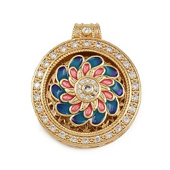 Морской Синий Вращающиеся подвески из латуни с микропаве из кубического циркония, Эмаль стиле, плоские круглые с цветком, Marine Blue, 29.5x25.5x8.5 мм, отверстие : 3.5 мм