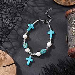 Темно-бирюзовый Браслеты с подвесками в виде черепа из латуни с синтетической бирюзой, платина, темные бирюзовый, 7-1/4 дюйм (18.5 см)