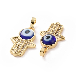 Blue Brass Micro Pave Cubic Zirconia Pendants, with Handmade Evil Eye Lampwork, Hamsa Hand Charm, Real 18K Gold Plated, Blue, 23x15x4mm, Hole: 4x6.5mm