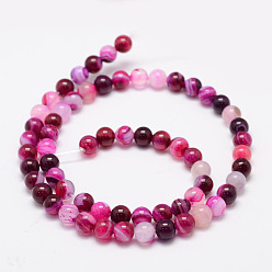 Deep Pink Natural Striped Agate/Banded Agate Bead Strands, Round, Grade A, Dyed & Heated, Deep Pink, 6mm, Hole: 1mm, about 62~63pcs/strand, 14.5 inch