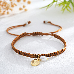 Седло Коричневый Браслеты с подвесками из латуни и искусственного жемчуга, плетеные браслеты из полиэфирного шнура для женщин, овальные с листа, седло коричневый, 11.02 дюйм (28 см)