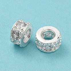 Silver Brass Micro Pave Cubic Zirconia European Beads, Large Hole Beads, Long-Lasting Plated, Lead Free & Cadmium Free, Column, Silver, 11x5.5mm, Hole: 5mm