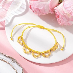 Желтый Браслеты из цветочных стеклянных бусин и натурального агата, Браслеты из нейлоновой нити плетеные для женщин, желтые, внутренний диаметр: 1-1/4~3-3/4 дюйм (3.15~9.4 см)