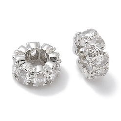 Платина Реечное покрытие латунь микро паве прозрачный кубический цирконий европейские бусины, бусины с большим отверстием, долговечный, без свинца и без кадмия, плоско-круглые, платина, 8x4 мм, отверстие : 4 мм