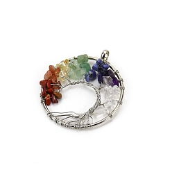 Плоский Круглый Древо жизни из натуральных и синтетических драгоценных камней с подвесками в металлической проволоке, платина, плоско-круглые, 50 мм