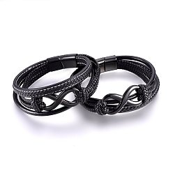 Gunmetal Braided Leather Cord Multi-strand Bracelets, with 304 Stainless Steel Findings and Magnetic Clasps, Infinity, Black, Gunmetal, 8-5/8 inch(22cm), 12~25mm