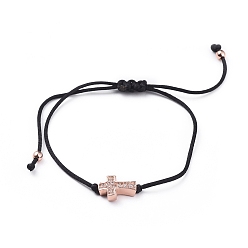 Rose Gold Unisex Nylon Thread Braided Bead Bracelets, with Brass Micro Pave Cubic Zirconia Beads and Brass Beads, Cross, Rose Gold, 11-7/8 inch(30cm), 1mm