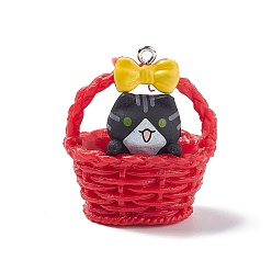 Малиновый Непрозрачные подвески смолы, цветочная корзина прелести котенка, с железными петлями платинового тона для ожерелья своими руками, малиновый, 35x31.5x22.5 мм, отверстие : 2 мм