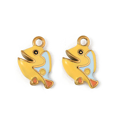Желтый 304 нержавеющей стальной эмали подвески, вакуумные покрытия, реальный 18 k позолоченный, рыба, желтые, 15x16x5 мм, отверстие : 2.5 мм