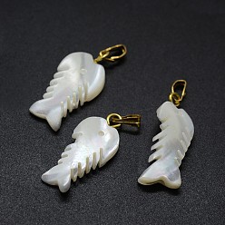 Golden Shell Pendants, with Brass Findings, Fishbone, Golden, 22~23x9~10x3~5mm, Hole: 2x5mm