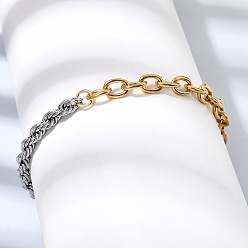 Золотой & Цвет Нержавеющей Стали Двухцветные 304 браслеты из нержавеющей стали с цепочкой в виде троса и веревки для женщин, золотые и нержавеющая сталь цвет, 7.36 дюйм (18.7 см)