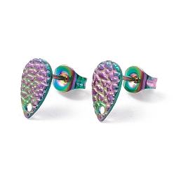 Rainbow Color Ионное покрытие (ip) 304 детали серьги-гвоздики из нержавеющей стали, текстурированная слеза, Радуга цветов, 10x6 мм, штифты : 0.7 мм