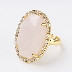 Rose Quartz Natural Rose Quartz Adjustable Finger Ring, Wide Band Rings, with Rhinestone and Brass Finding, Oval, Size 7, Golden, 17mm