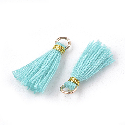 Cyan Polycotton(Polyester Cotton) Tassel Pendant Decorations, Mini Tassel, with Iron Findings and Metallic Cord, Light Gold, Cyan, 10~15x2~3mm, Hole: 1.5mm