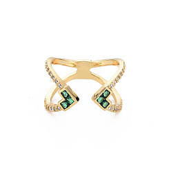 Зеленый Кольцо-манжета с прозрачным кубическим цирконием крест-накрест, открытое кольцо из настоящей позолоченной латуни 18k для женщин, без никеля , зелёные, размер США 6 1/4 (16.7 мм)
