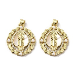 Oval Подвески из латунных ракушек, Религиозные обереги Девы Марии с прессом, имитирующим жемчуг, реальный 18 k позолоченный, овальные, 29x23x4 мм, отверстие : 3.5x4.5 мм