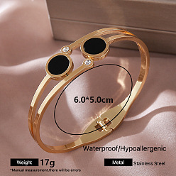 Rond Plat 304 Bracelets manchettes articulés en acier inoxydable, sertis de micro-pavés de zirconiums cubiques transparents et d'émail noir, pour femmes, or, plat rond, diamètre intérieur: 2.36 pouce (6 cm)