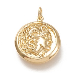 Real 18K Gold Plated Brass Pendants, with Jump Rings, Flat Round with Woman, Real 18K Gold Plated, 20.5x17.5x3mm, Jump Ring: 5x1mm, 3mm Inner Diameter