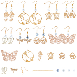 Golden DIY Animal Theme Earring Making Kits, include Glass Pearl Beads, Metal Pendants & Links, Brass Earring Hooks, Golden