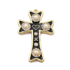Черный Латунные микро проложить кубического циркония подвески, крестик с сердечками, с бусинами из эмали и абс пластика, без свинца и без кадмия, долговечный, реальный 18 k позолоченный, чёрные, 30x19x3.5 мм, отверстие : 1.4 мм