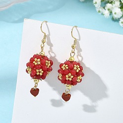 Red Glass & Dyed Natural Malaysia Jade & Red Jasper Dangle Earrings, Round with Heart, 304 Stainless Steel Dangle Earrings, Golden, Red, 53x18mm