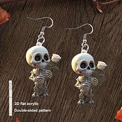 Белый Акриловые серьги-подвески из скелетона с розой, с железной фурнитурой, платина, белые, 34.4 мм