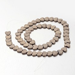 Antique Bronze Plated Electroplate Non-magnetic Synthetic Hematite Beads Strands, Frosted, Heart, Antique Bronze Plated, 7x8x2mm, Hole: 1mm, about 61pcs/strand, 15.7 inch