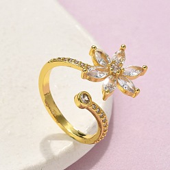 Настоящее золото 18K Кольца из латуни с микропаве, прозрачные кольца с кубическим цирконием, без кадмия и без свинца, цветок, реальный 18 k позолоченный, внутренний диаметр: 18 мм
