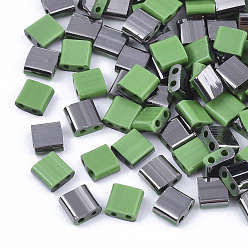 Light Green FGB 2-Hole Glass Seed Beads, Half Gunmetal Plated Colours, Square, Light Green, 5x4.5~5.5x2~2.5mm, Hole: 0.5~0.8mm, about 1180pcs/bag