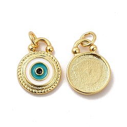 Real 18K Gold Plated Rack Plating Brass Enamel Pendants, with Jump Rings, Long-Lasting Plated, Lead Free & Cadmium Free, Flat Round with Evil Eye Charm, Real 18K Gold Plated, 16x12x2.5mm, Hole: 3.5mm