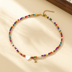 Letter I Ожерелья из круглых бусин в форме сердца из натуральных ракушек и разноцветных стеклянных семян, ожерелья шкентеля, 304 колье из нержавеющей стали, золотые, Буква "i", 15.35 дюйм (39 см)