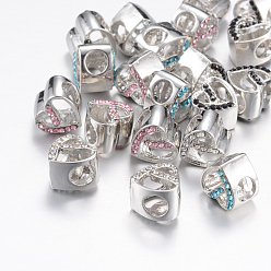 Mixed Color Alloy Rhinestone European Beads, Large Hole Beads, Heart, Platinum, Mixed Color, 11x10x9mm, Hole: 4.5~5mm