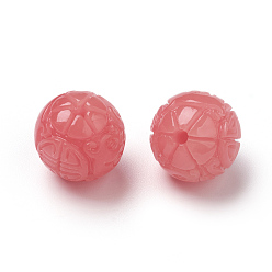 Light Coral Shell Beads, Imitation Jade, Dyed, Curved, Round with Longevity Sign, Light Coral, 10~11mm, Hole: 1.5mm