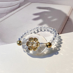Claro Anillos de metal dorado entrelazados hechos a mano con la técnica del soplado de vidrio y 201 anillos de acero inoxidable con cuentas, anillos elásticos para mujer, ovalada con flores, dorado, Claro, 17 mm