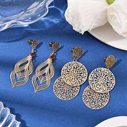 Золотой 2 пары латунных стеклянных сережек-гвоздиков, С 304 результатами из нержавеющей стали, плоский круглый и ромб, золотые, 66x22 мм