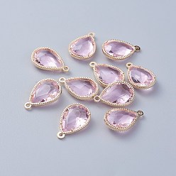 Pink Стеклянные подвески, с фурнитурой Berzel с открытой спиной из экологически чистого сплава, граненые, слеза, золотой свет, розовые, 18x12x5 мм, отверстие : 1.4 мм