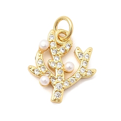 Настоящее золото 18K Латунные микропаве прозрачные подвески с фианитом, с абс пластмассовой имитационной жемчужиной, без кадмия и без свинца, долговечный, стойки покрытие, коралловые чары, реальный 18 k позолоченный, 15x13.5x3 мм, отверстие : 3.3 мм