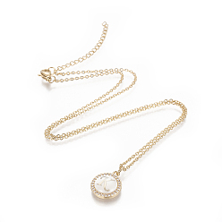 Letter K Brass Initial Pendant Necklaces, with Shell, Cubic Zirconia and 304 Stainless Steel Cable Chains, Flat Round with Letter, Letter.K, 17.5 inch(44.5cm), 1.5mm